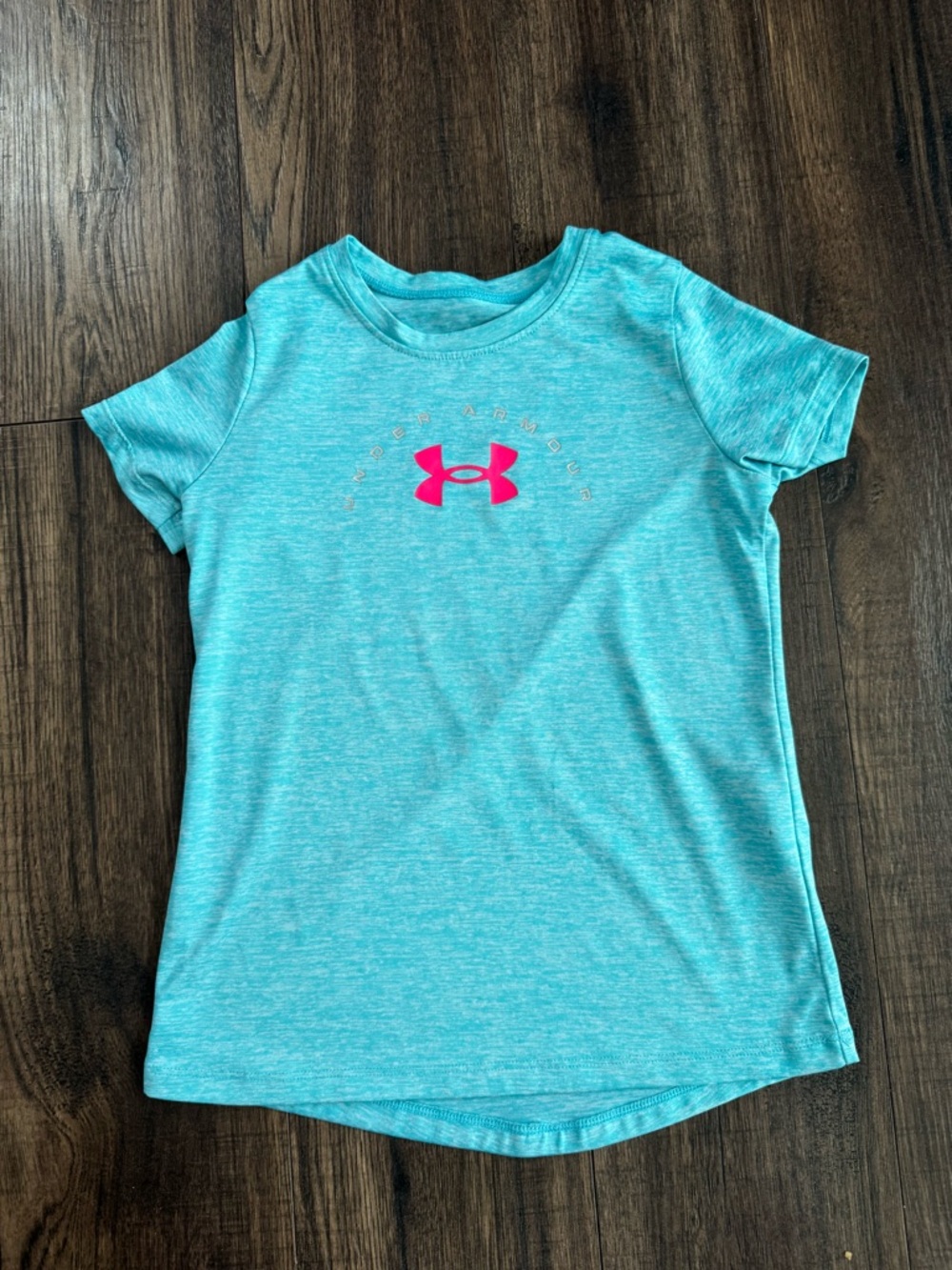Under Armour Girls' Aqua Heather Tee with Pink Logo